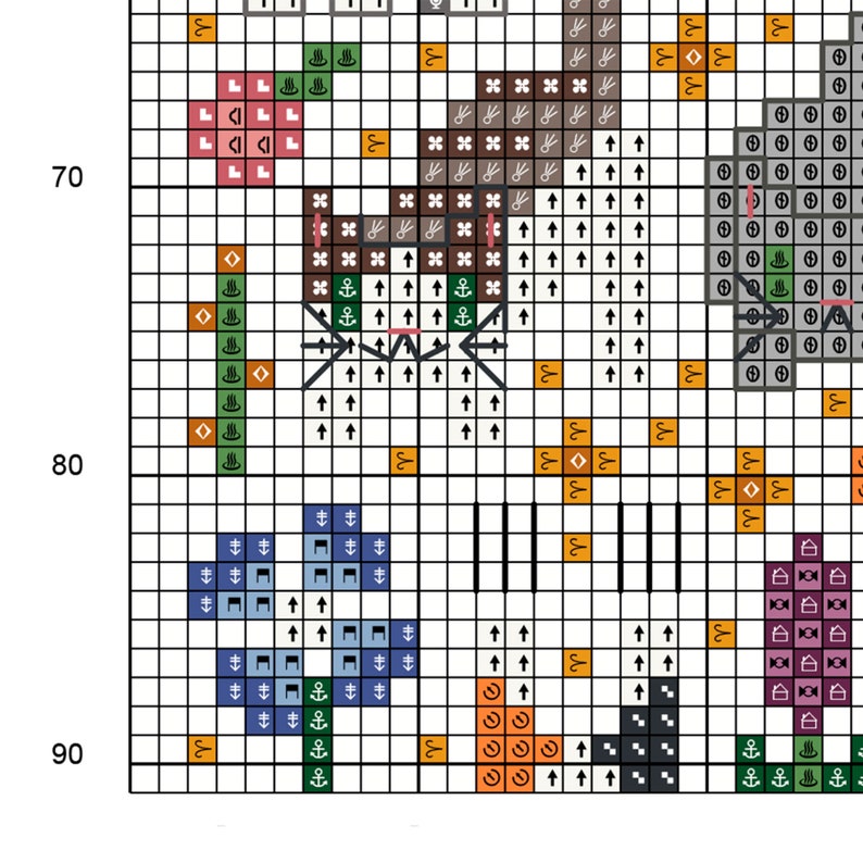 Cross stitch "Cat Garden" pattern sample. Cross stitch grid with black or white symbols and colored background.