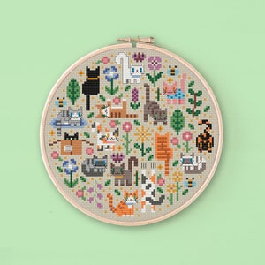 Mini Cat Garden Cross Stitch Pattern, Kitty Embroidery (PDF Chart)