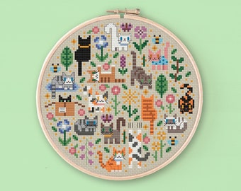 Mini Cat Garden Cross Stitch Pattern, Kitty Embroidery (PDF Chart)
