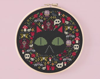 Gothic Cat Cross Stitch Pattern: Spooky Halloween Design (PDF Pattern)
