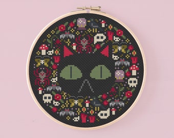 Gothic cross stitch pattern with black cat, PDF spooky counted cross stitch, Instant download witchcraft cross stitch pattern