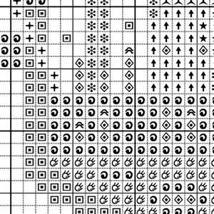 Cross stitch "Forest Fungi" pattern sample. Cross stitch grid with black symbols and white background.