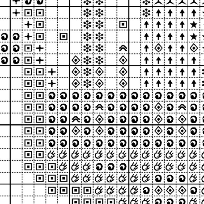 Cross stitch "Forest Fungi" pattern sample. Cross stitch grid with black symbols and white background.
