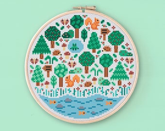 Patrón de punto de cruz de animales del bosque, diseño de jardín forestal (patrón PDF)