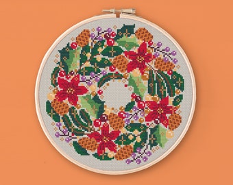 Christmas wreath cross stitch pattern, Xmas cross stitch chart, Natural festive cross stitch, PDF traditional holidays cross stitch