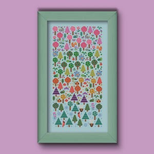 Op de afbeelding: Een kruissteekpatroon met een kleurrijk boslandschap met bomen, dieren en bloemen. Het patroon is verdeeld in vier secties, die elk een ander seizoen voorstellen: lente, zomer, herfst en winter.