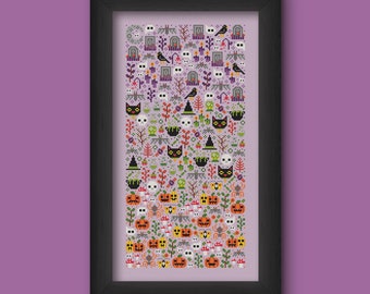 May include: A framed cross-stitch pattern featuring a variety of Halloween-themed icons, including pumpkins, bats, ghosts, and cats. The pattern is arranged in a gradient from purple to green to orange.