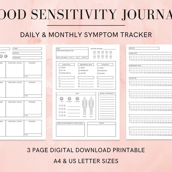 Voedselgevoeligheidsdagboek | Voedselsymptoomtracker | IBS | IBD | Symptoomjournaal | Volgen van slaap, pijn en stoelgang | Dagelijks/maandelijks | Pdf