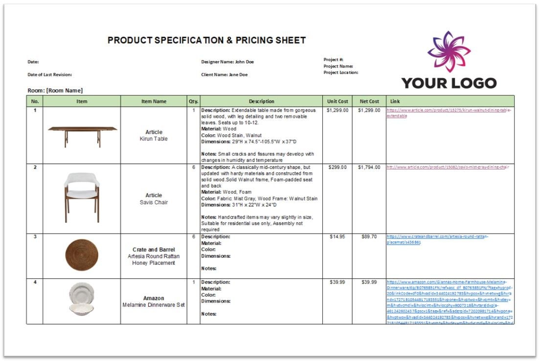 Product Specification & Pricing Sheet Interior Design Pricing