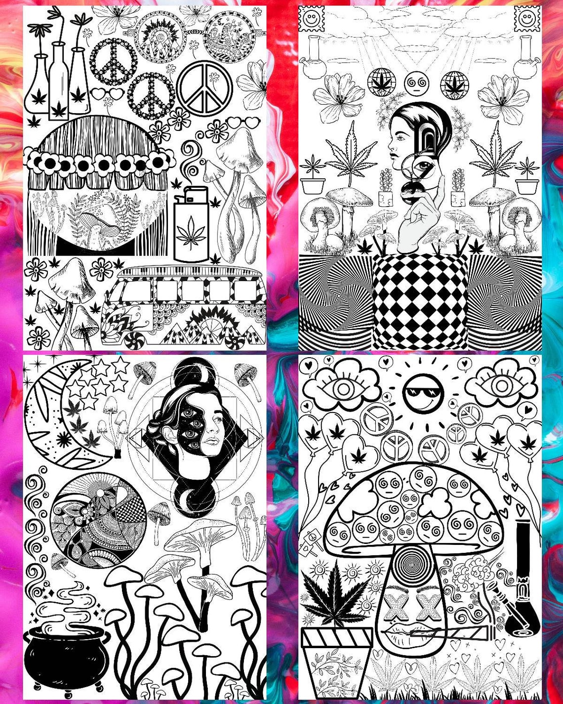 Psychedelic Coloring Pages Weed Coloring Pages Trippy Printable Digital ...