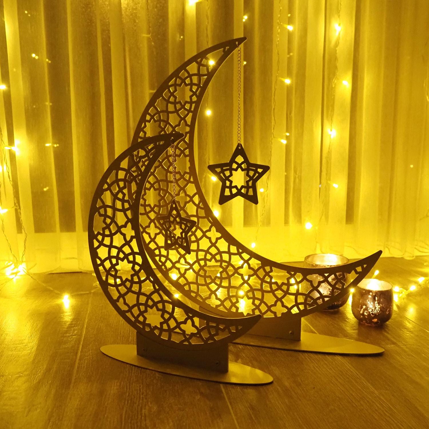 C02 -Décorations artisanales en bois pour Ramadan Eid Mubarak, pour maison, lune, Plaque en bois