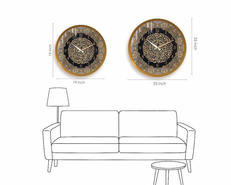 May include: Two round wall clocks with gold frames and black faces. The larger clock is 25 inches in diameter and the smaller clock is 19 inches in diameter. Both clocks feature Arabic numerals and intricate gold designs.