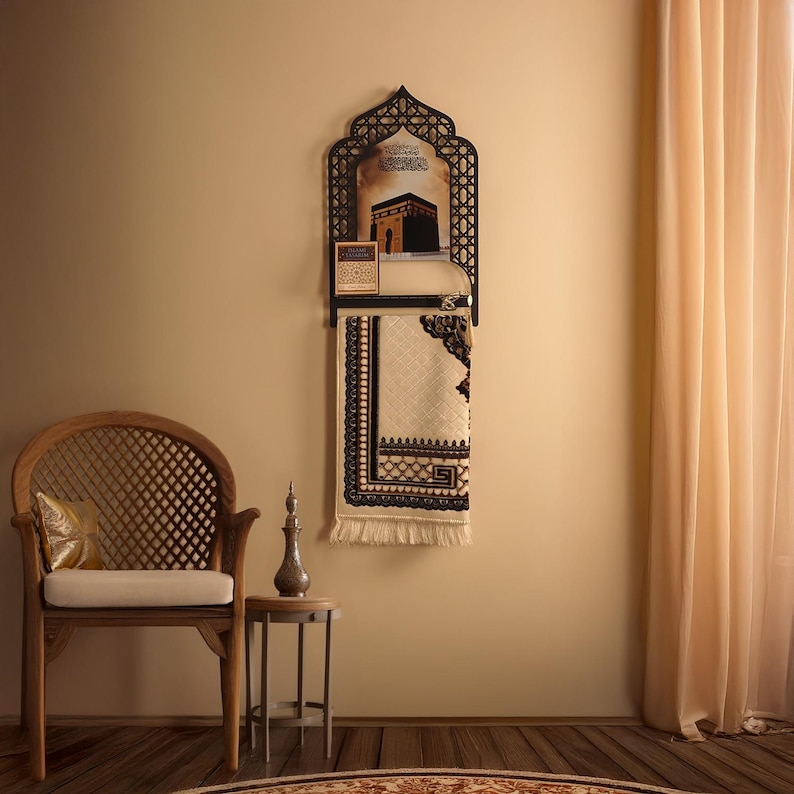 Prayer Rug Holder, Metal Wall Shelf with Kaaba & Salah Dua, Prayer Room Decor, Islamic Wall Art, Prayer Mat Stand, Ramadan and Eid Gifts image 3
