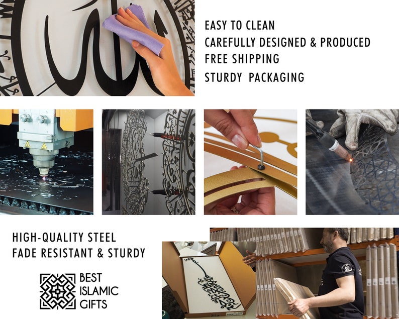May include: A collage of images showcasing the creation and features of Islamic art pieces. The images include laser cutting, welding, and assembly. Text highlights high-quality steel, fade resistance, and easy cleaning. The logo for "Best Islamic Gifts" is also visible.