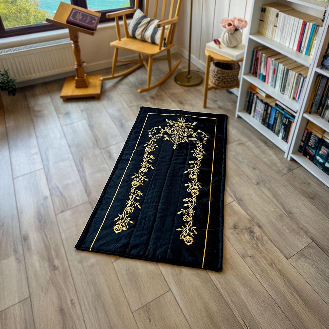 Black Velvet Islamic Prayer Rug With Gold Embroidery, Muslim Prayer Mat ...