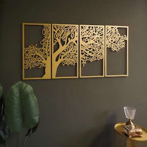 4 Quls Islamische Wandkunst 4er Set, Metallbaum der Suren (Falaq - Nas - Kafirun - Ikhlas) Muslimische Wohnkultur, Arabische Kalligraphie, Islamische Geschenke