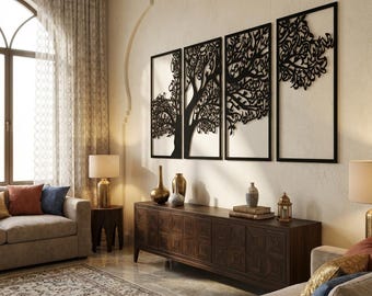 May include: A set of four rectangular black metal wall art panels featuring an intricate laser-cut tree design with sprawling branches and dense foliage, mounted horizontally on a light-colored wall above a dark wooden sideboard cabinet.