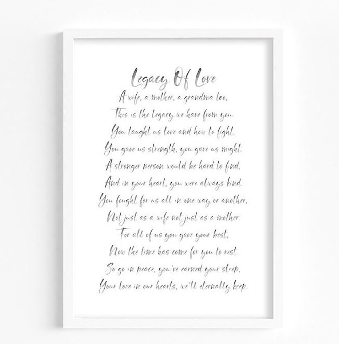 Legacy of Love Poem WATERCOLOUR Font Mother Funeral Printable Poem