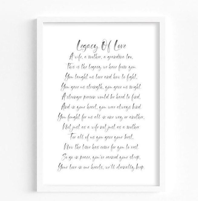 Legacy of Love Poem WATERCOLOUR Font Mother Funeral Printable Poem