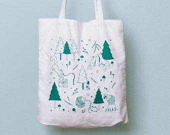 Tote bag silkscreen printing animals Christmas, tote bag forest animals, tote bag screen printing, Fabric bag, Christmas tote bag