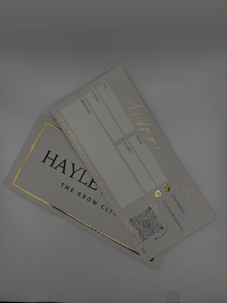 May include: Two gift certificates with gold foil accents. One certificate reads "A Gift for you" and has fields for "To", "Value", "Message", "From", and "Expiry". The other certificate reads "HAYLE THE BROW CLINIC".