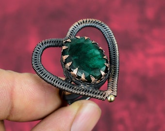 Faceted Zambian Emerald Ring: Handmade Copper Wire Wrapped Jewelry