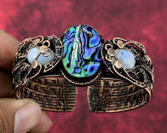 Abalone Shell Cuff Bracelet: Copper Wire Wrapped Rainbow Moonstone Bangle