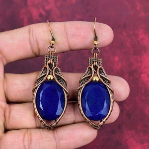 Faceted Blue Sapphire Copper Earrings: Handmade Wire Wrap Jewelry