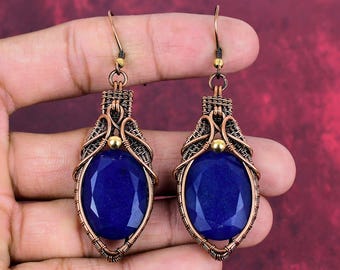 Faceted Blue Sapphire Copper Earrings: Handmade Wire Wrap Jewelry