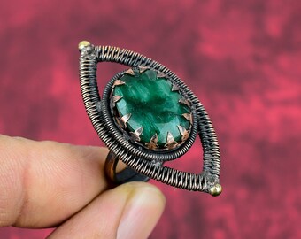 Handmade Copper Wire Wrapped Zambian Emerald Ring - Adjustable