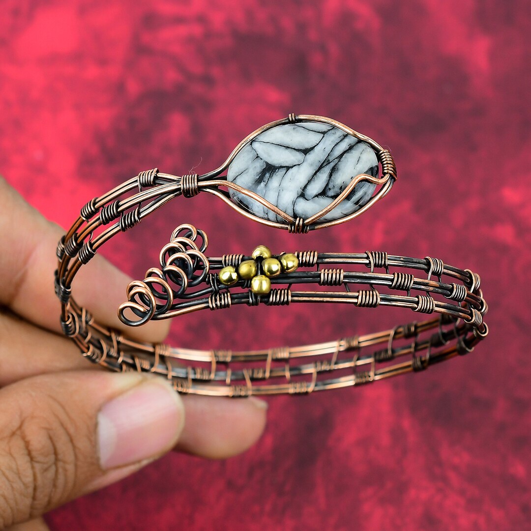 Pinolith Jasper Bangle Copper Wire Wrapped Cuff Bracelet Adjustable ...