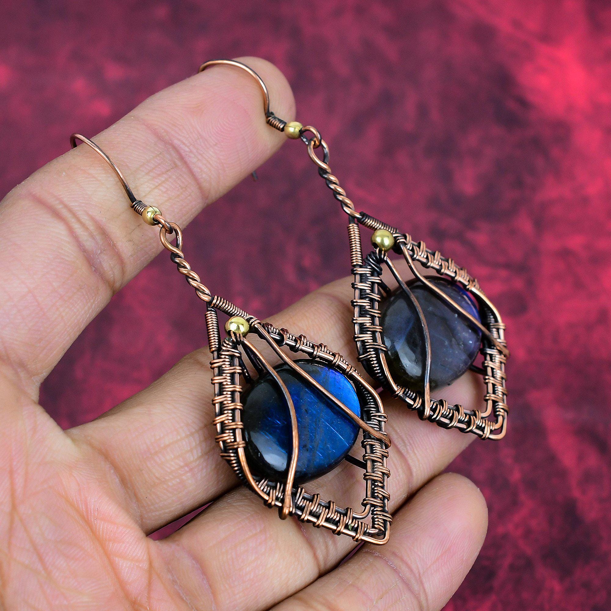 Orecchini in labradorite con filo di rame, orecchini con pietre preziose, gioielli in rame con labradorite, regali di anniversario, gioielli fatti a mano con filo avvolto - Italia Orecchini in labradorite con filo di rame, orecchini con pietre preziose, gioielli in rame con labradorite, regali di anniversario, gioielli fatti a mano con filo avvolto - Italia