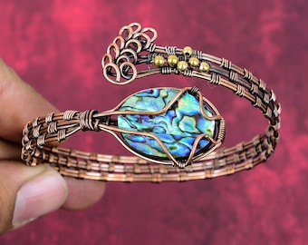 Abalone Shell Copper Cuff Bracelet, Wire Wrapped Adjustable Bangle