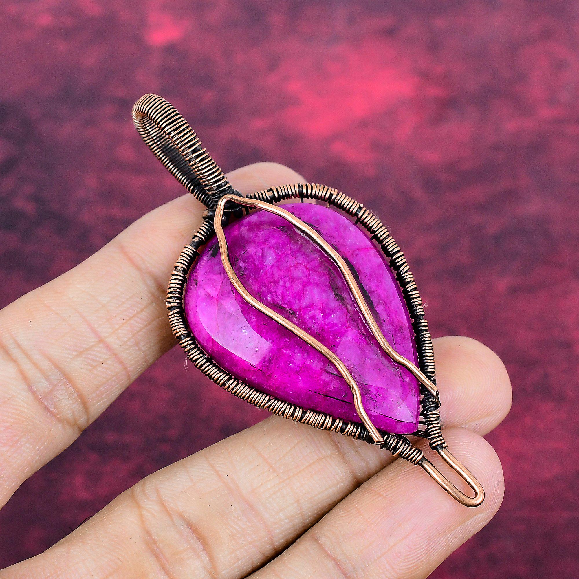 Handmade Kashmir Ruby Tree of Life Copper Pendant, Unique Gemstone