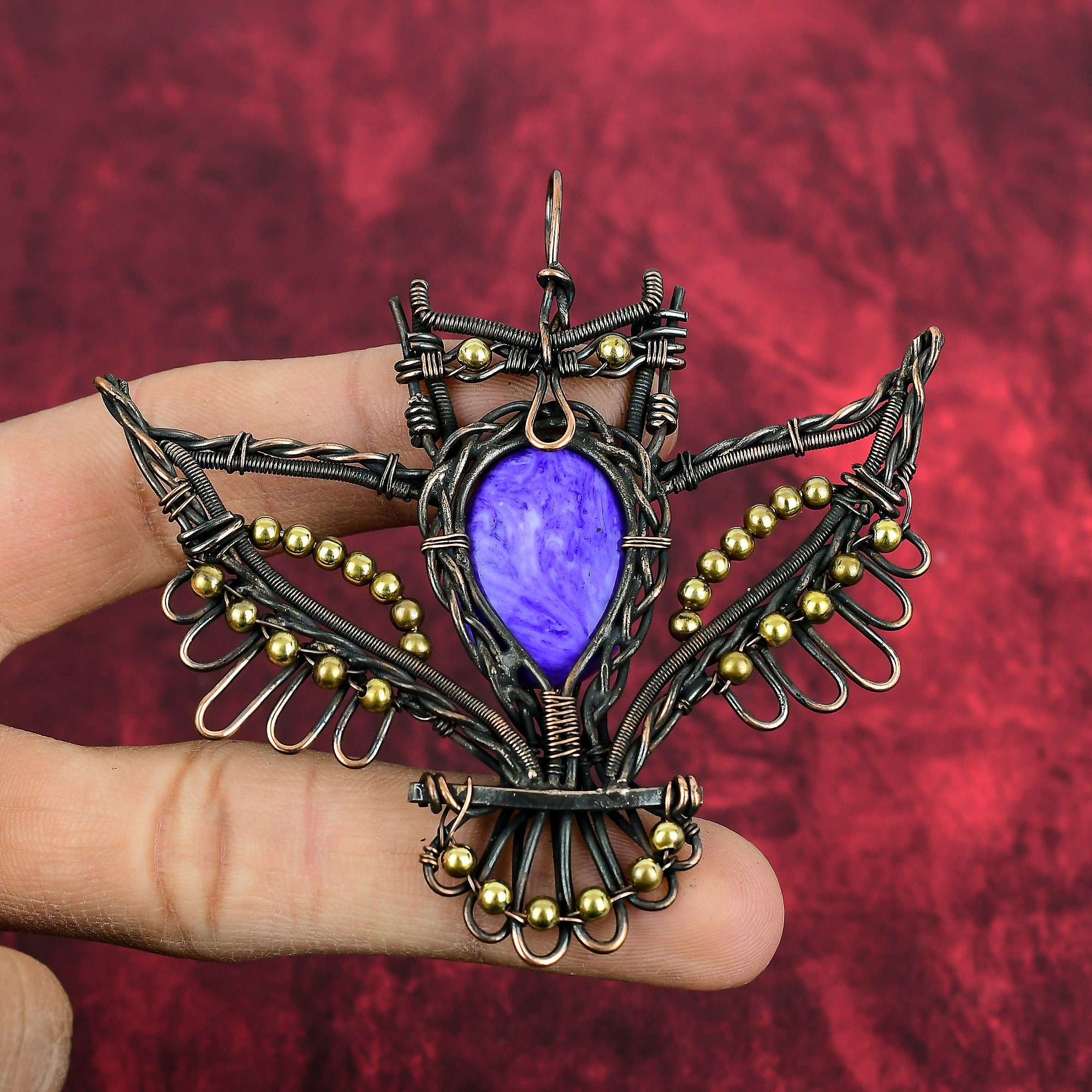 Charoite Owl Pendant: Handmade Copper Wire Wrapped Gemstone Jewelry