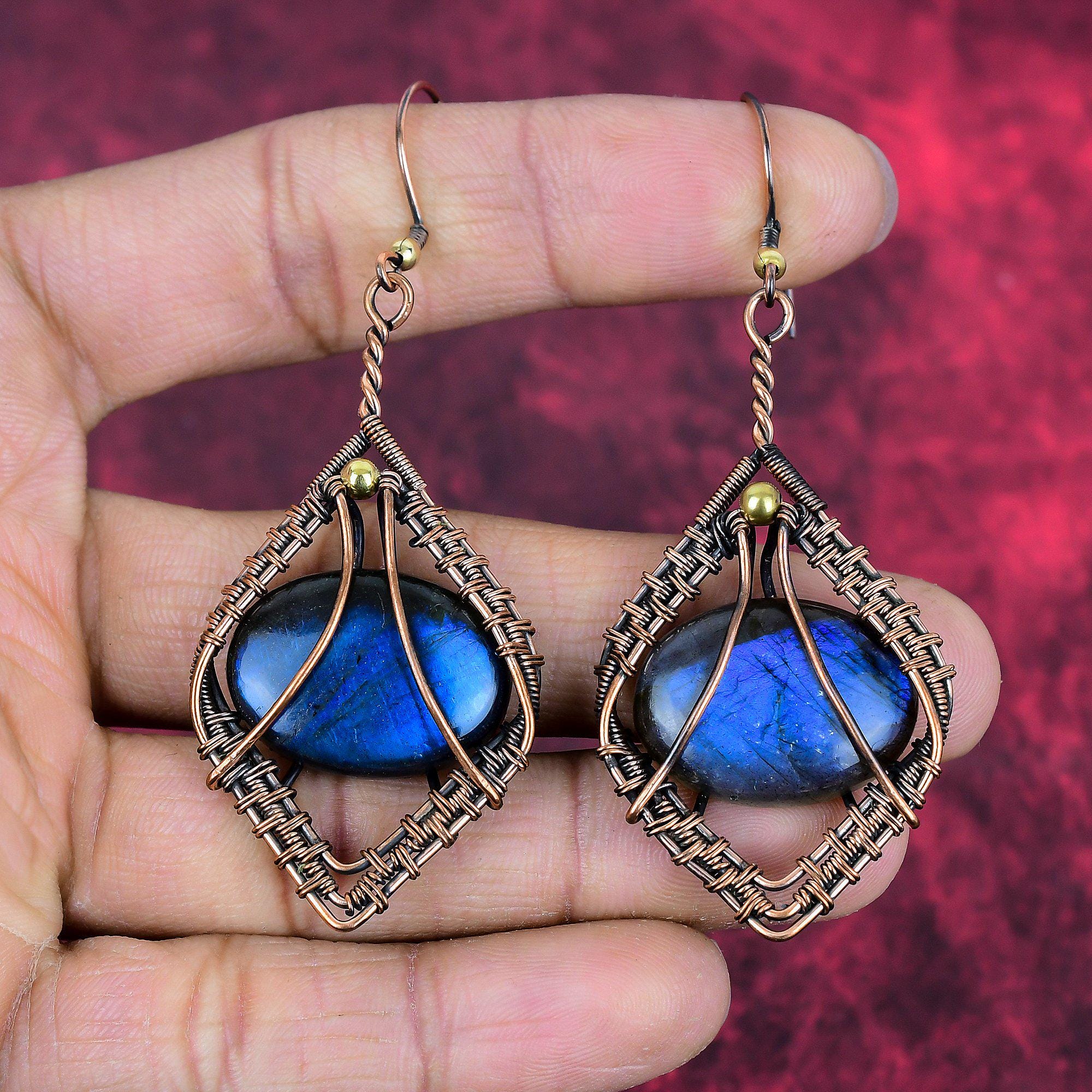 Orecchini Artigianali In Rame Con Labradorite Blu | Wire Wrap Fatto A Mano India
