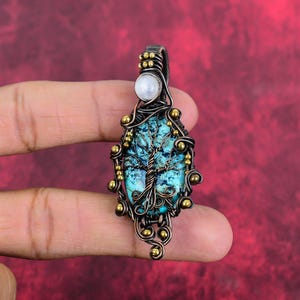 Chrysocolla Tree of Life Pendant: Handmade Copper Wire Wrapped Rainbow Moonstone