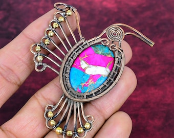 Handmade Copper Wire Wrapped Cotton Candy Turquoise Bird Pendant Necklace