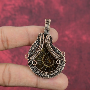 Ammonite Fossil Copper Wire Wrapped Pendant: Handmade Gemstone Jewelry