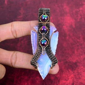 Handmade Copper Wire Wrapped Milky Opal Pendant - Titanium Beads