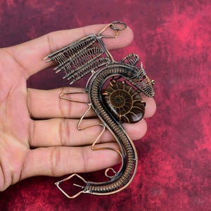 Ammonite Fossil Dragon Pendant: Handmade Copper Wire Wrapped Jewelry