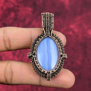 Blue Lace Agate Copper Wire Wrapped Pendant - Handmade Gemstone Jewelry