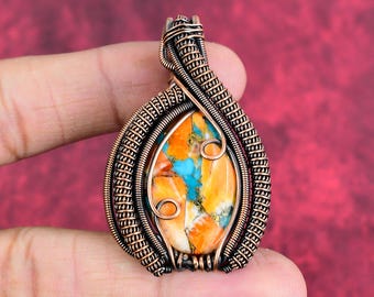 Handmade Copper Wire Wrapped Spiny Oyster Turquoise Pendant