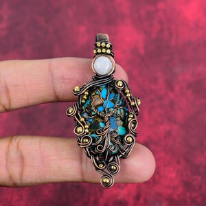 Handmade Copper Tree of Life Pendant: Chrysocolla & Rainbow Moonstone