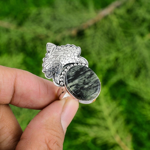Silver Leaf Jasper Ring Original Gemstone Elegant Jewelry Etsy