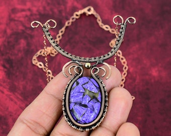 Copper Wire Wrapped Charoite Necklace: Handmade Adjustable Chain