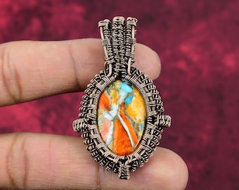 Spiny Oyster Copper Turquoise Pendant: Handmade Copper Wire Wrapped Gemstone