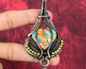Spiny Oyster Copper Turquoise Heart Pendant: Handmade Copper Wire Wrapped Jewelry