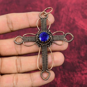 Faceted Blue Sapphire Copper Pendant: Handmade Wire Wrapped Cross Jewelry