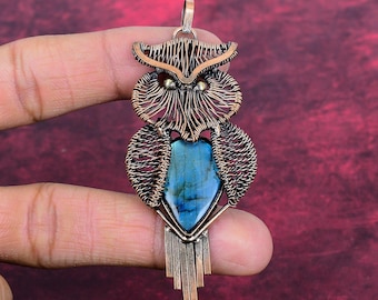 Handmade Copper Wire Wrapped Owl Pendant, Labradorite Gemstone